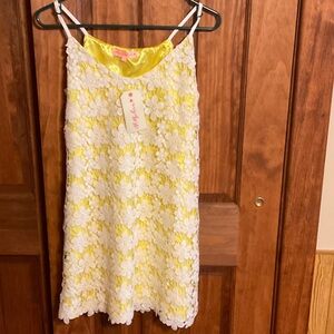Oh My Love Yellow Mini Dress with White Lace Overlay